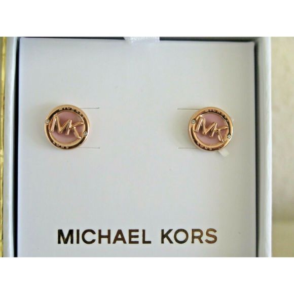 Michael Kors Rose Gold Tone Signature Logo Crystal Stud Earrings - Picture 3 of 5